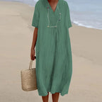 Midi Dress | Breathable Linen Blend & V‑Neck | Loose Fit
