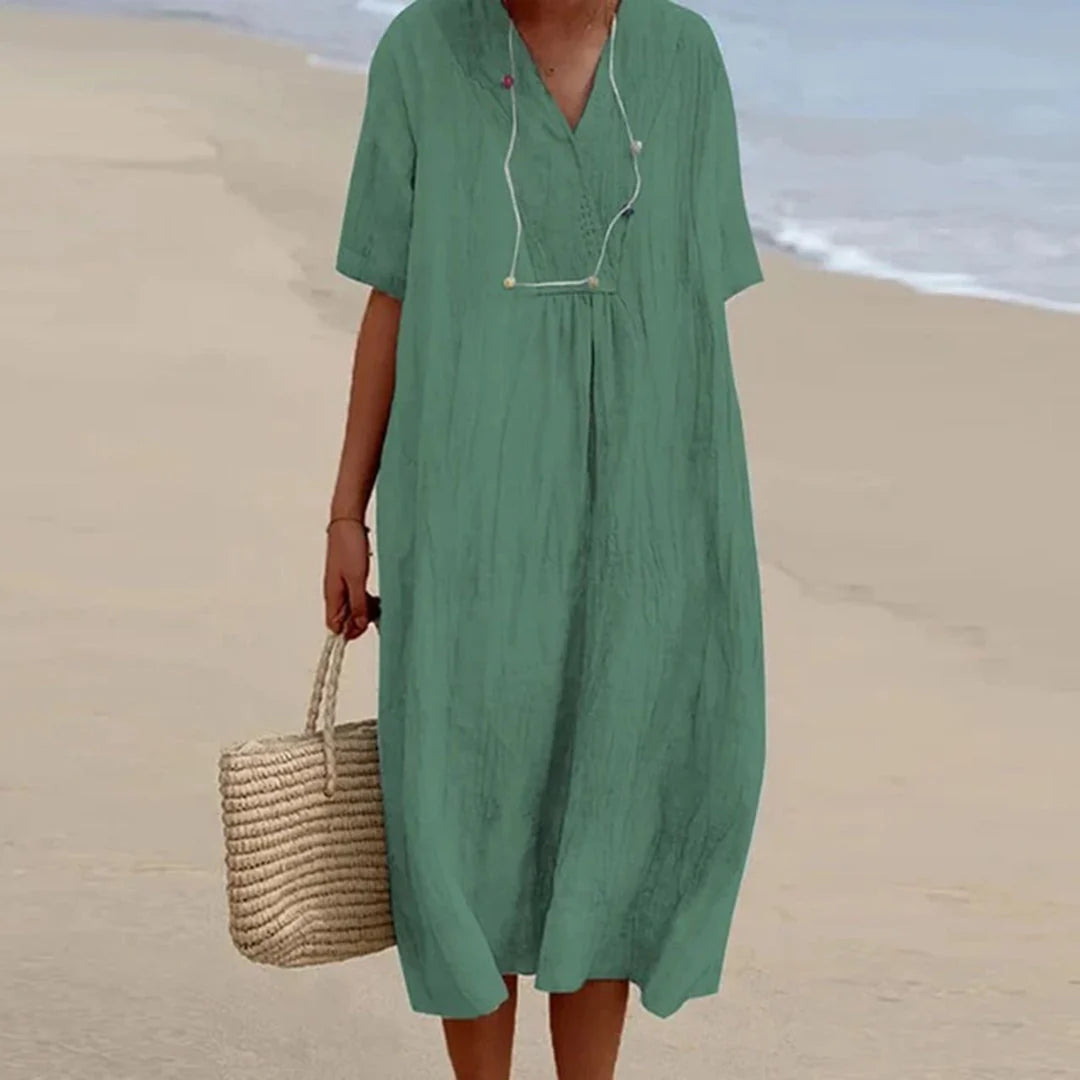 Midi Dress | Breathable Linen Blend & V‑Neck | Loose Fit