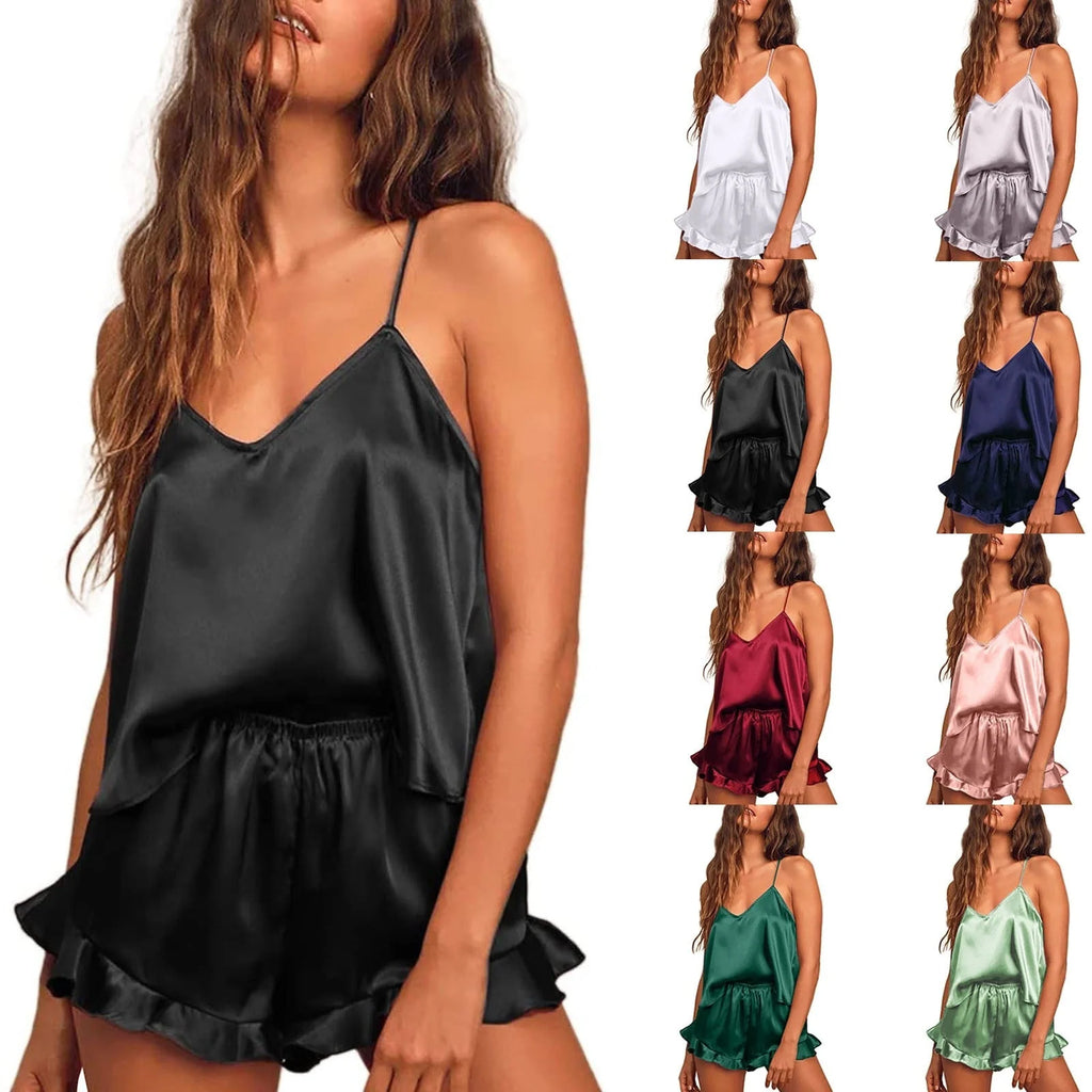 Pajama Set | Smooth Satin & Adjustable Straps | Two-Piece Top and Pants