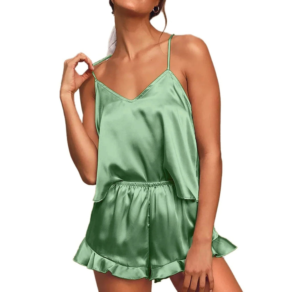Pajama Set | Smooth Satin & Adjustable Straps | Two-Piece Top and Pants