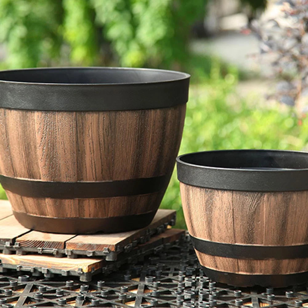Plant Pot | Barrel-Shaped High-Density Resin | Built-In Drainage Holes