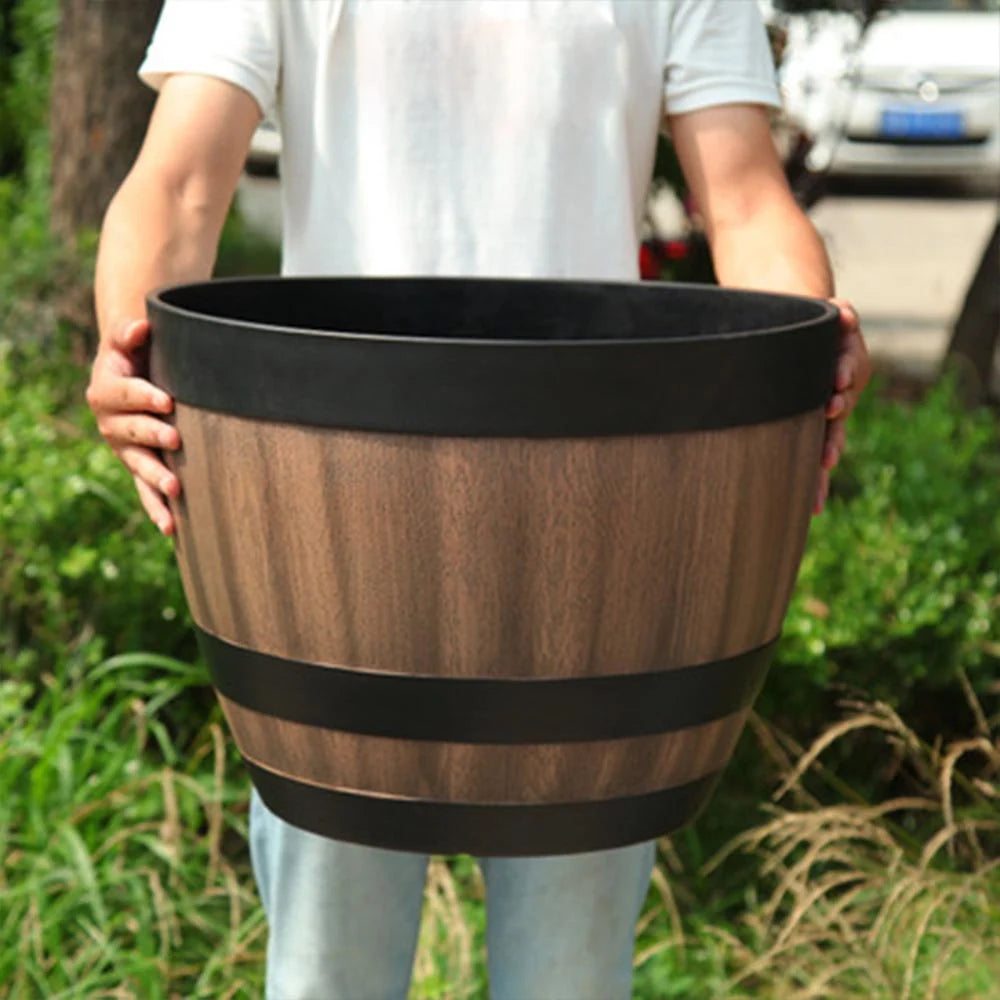 Plant Pot | Barrel-Shaped High-Density Resin | Built-In Drainage Holes