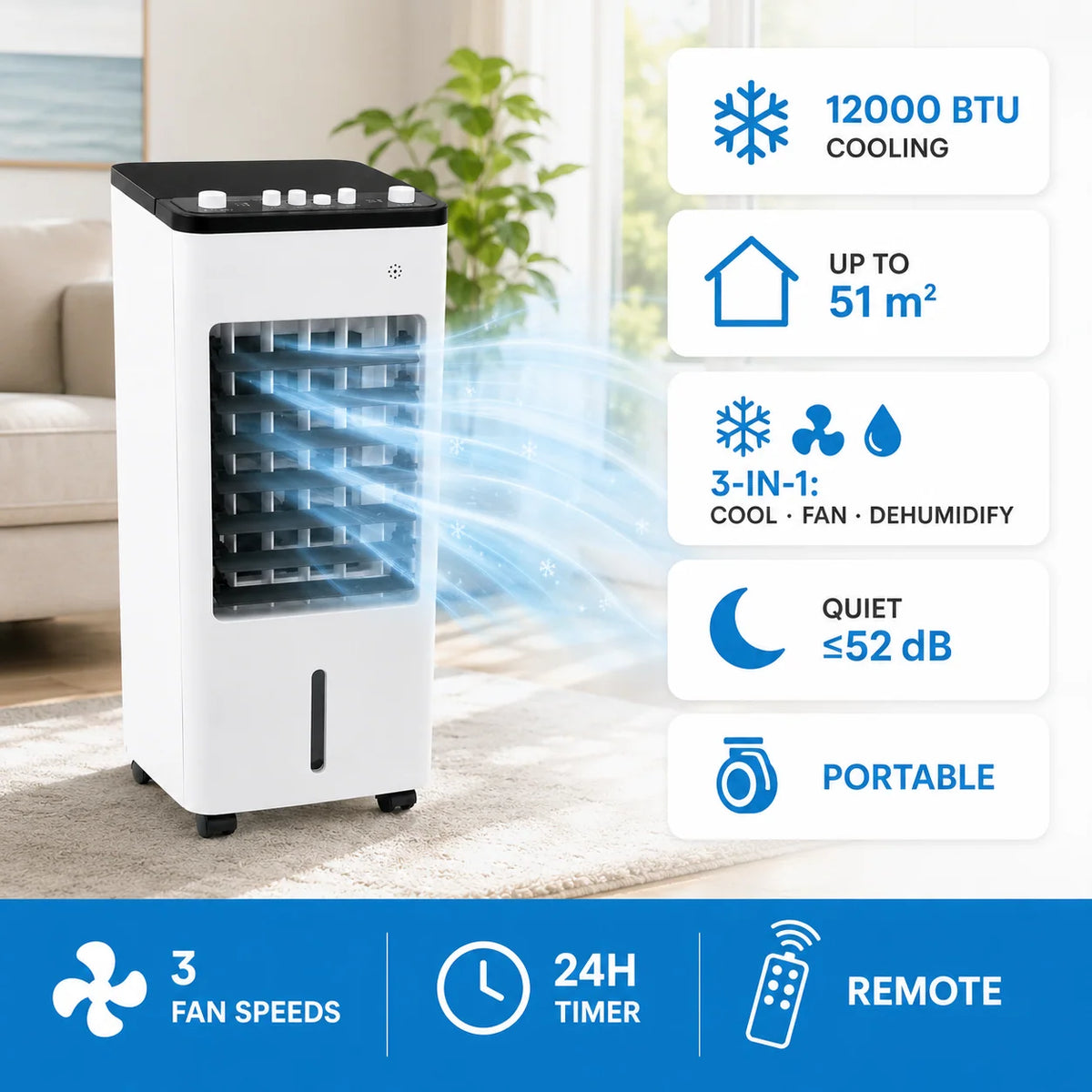 Portable Evaporative Air Cooler | 3-in-1 Fan & Humidifier | Caster Wheels