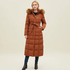 Puffer Jacket | Long Quilted Design & Faux Fur Hood | Belted Waist