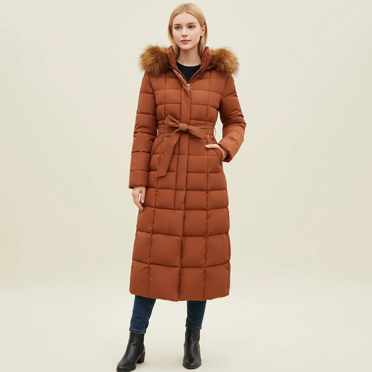 Puffer Jacket | Long Quilted Design & Faux Fur Hood | Belted Waist