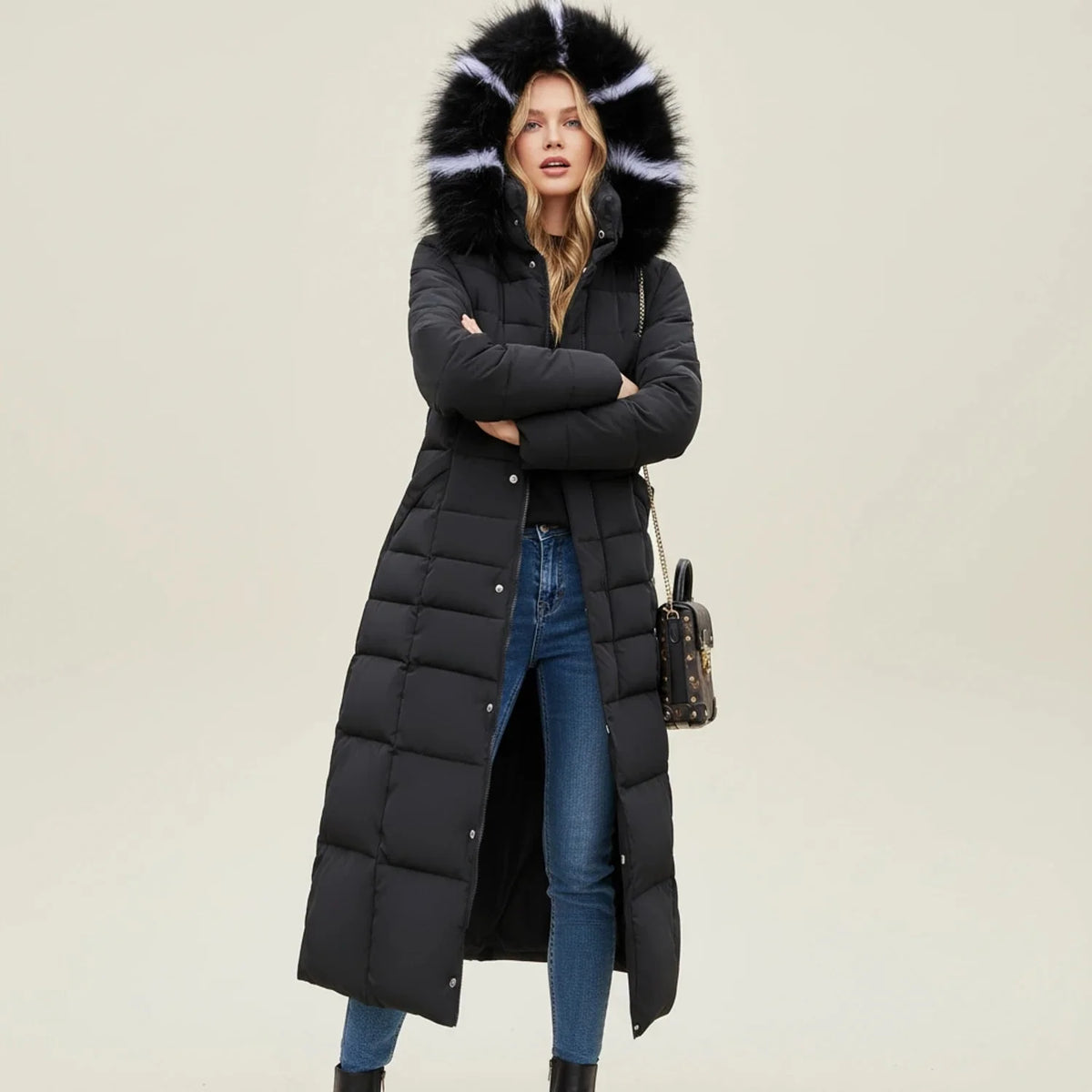 Puffer Jacket | Long Quilted Design & Faux Fur Hood | Belted Waist