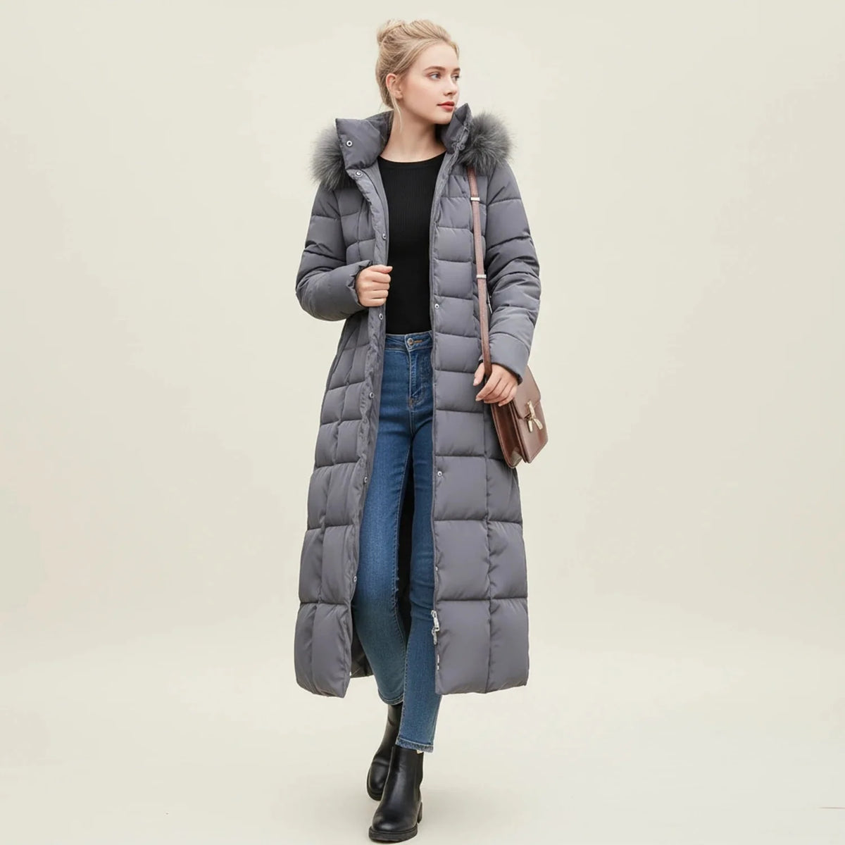 Puffer Jacket | Long Quilted Design & Faux Fur Hood | Belted Waist