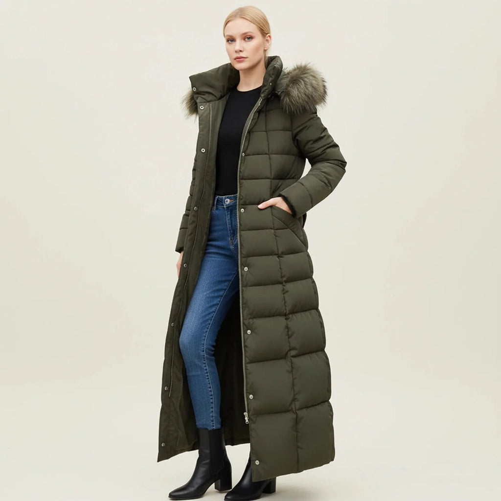 Puffer Jacket | Long Quilted Design & Faux Fur Hood | Belted Waist
