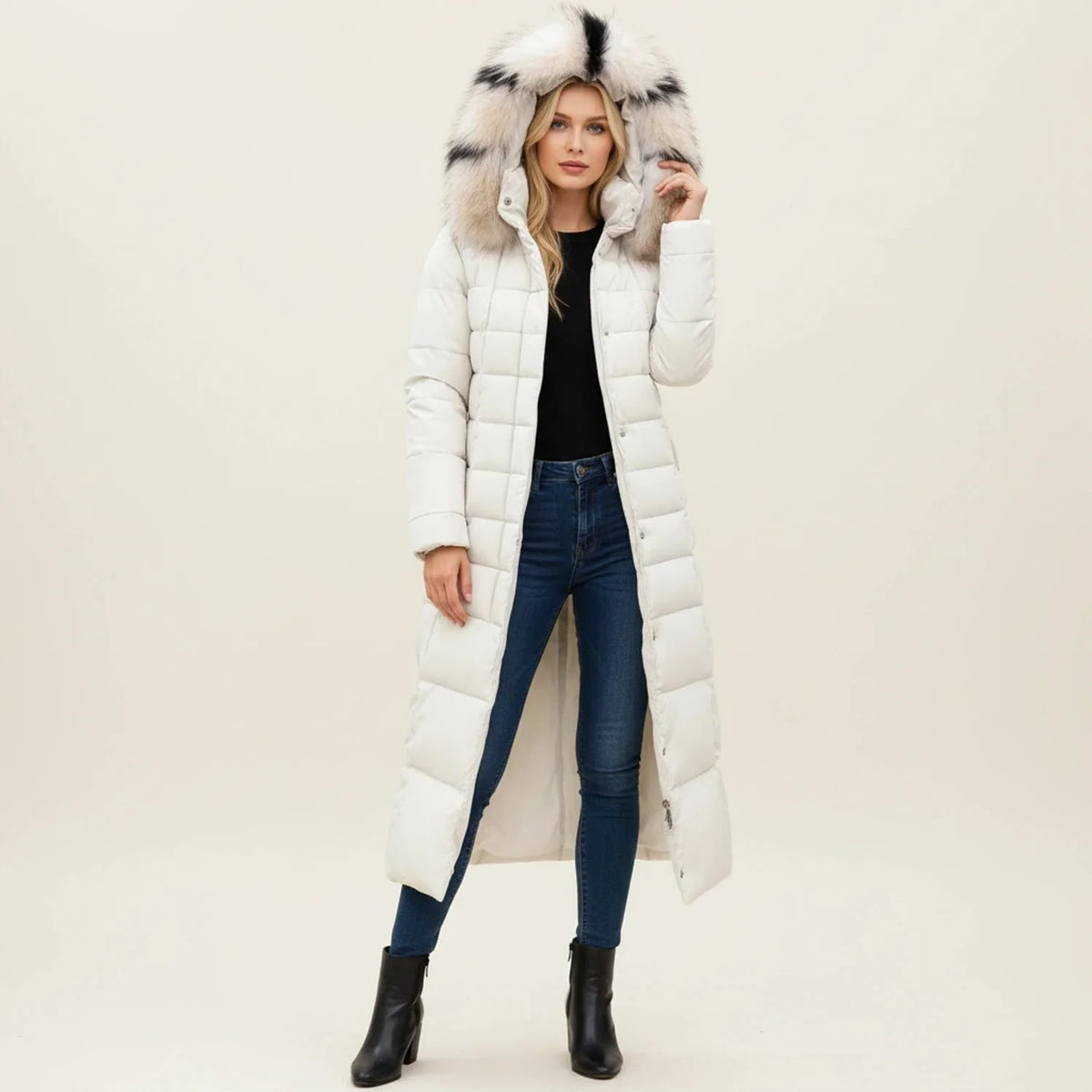 Puffer Jacket | Long Quilted Design & Faux Fur Hood | Belted Waist