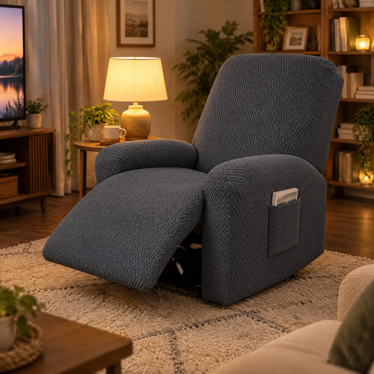 Recliner Chair Cover | Stretch Fit & Side Pocket | 4-Piece Set