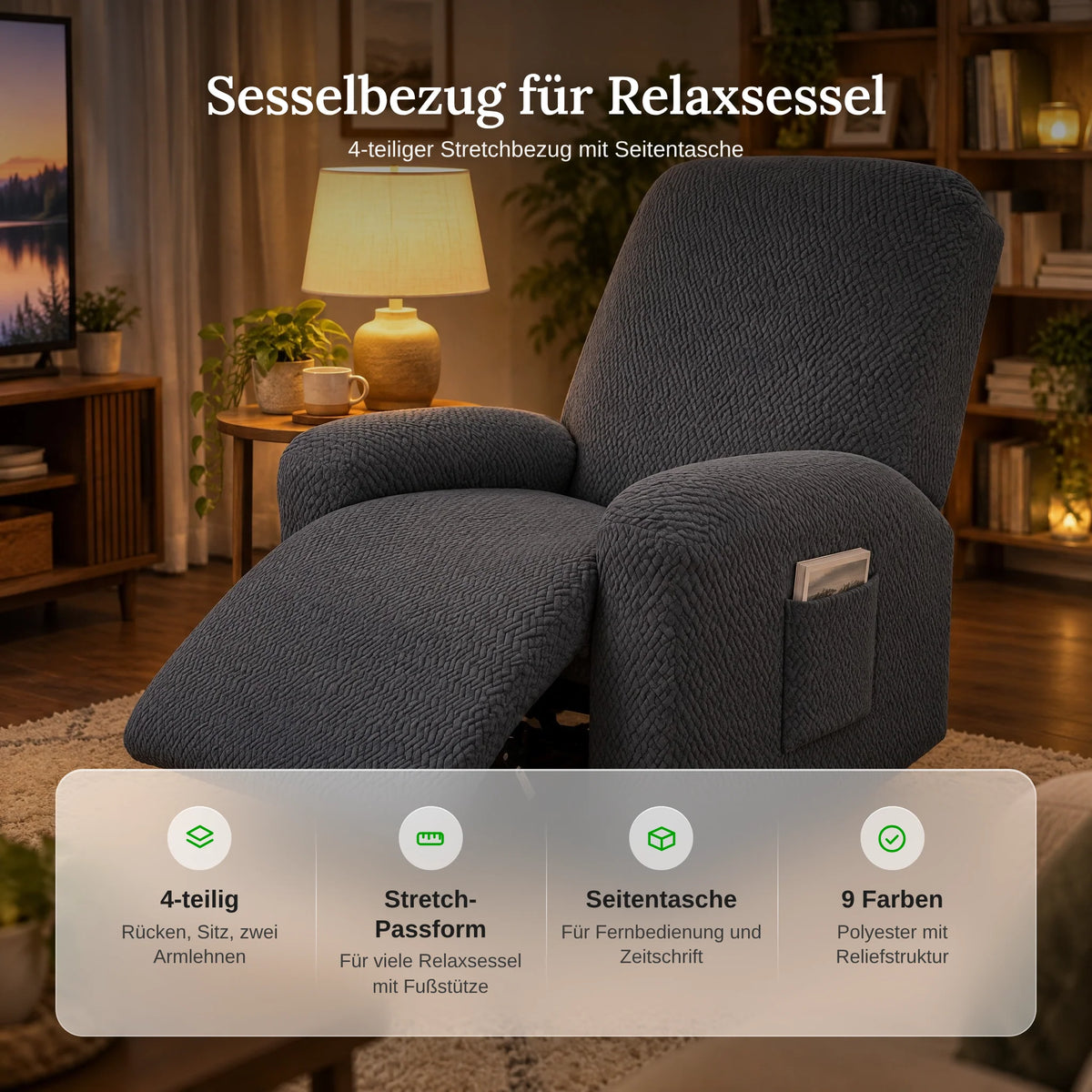 Recliner Chair Cover | Stretch Fit & Side Pocket | 4-Piece Set