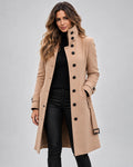Women's Coat | Wool-Blend High Collar & Button Front | Long Tailored Fit