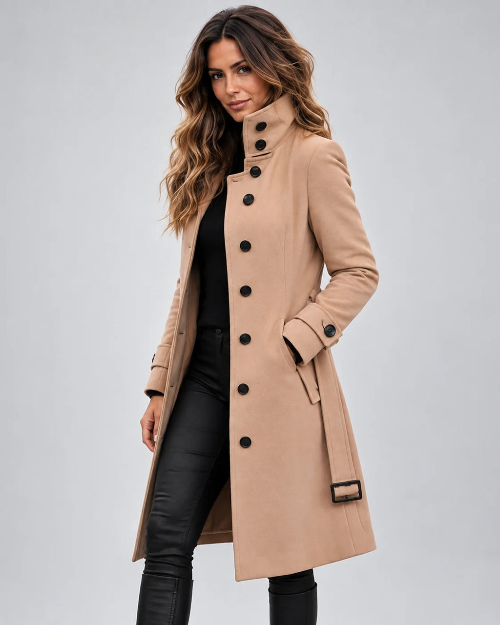 Women's Coat | Wool-Blend High Collar & Button Front | Long Tailored Fit